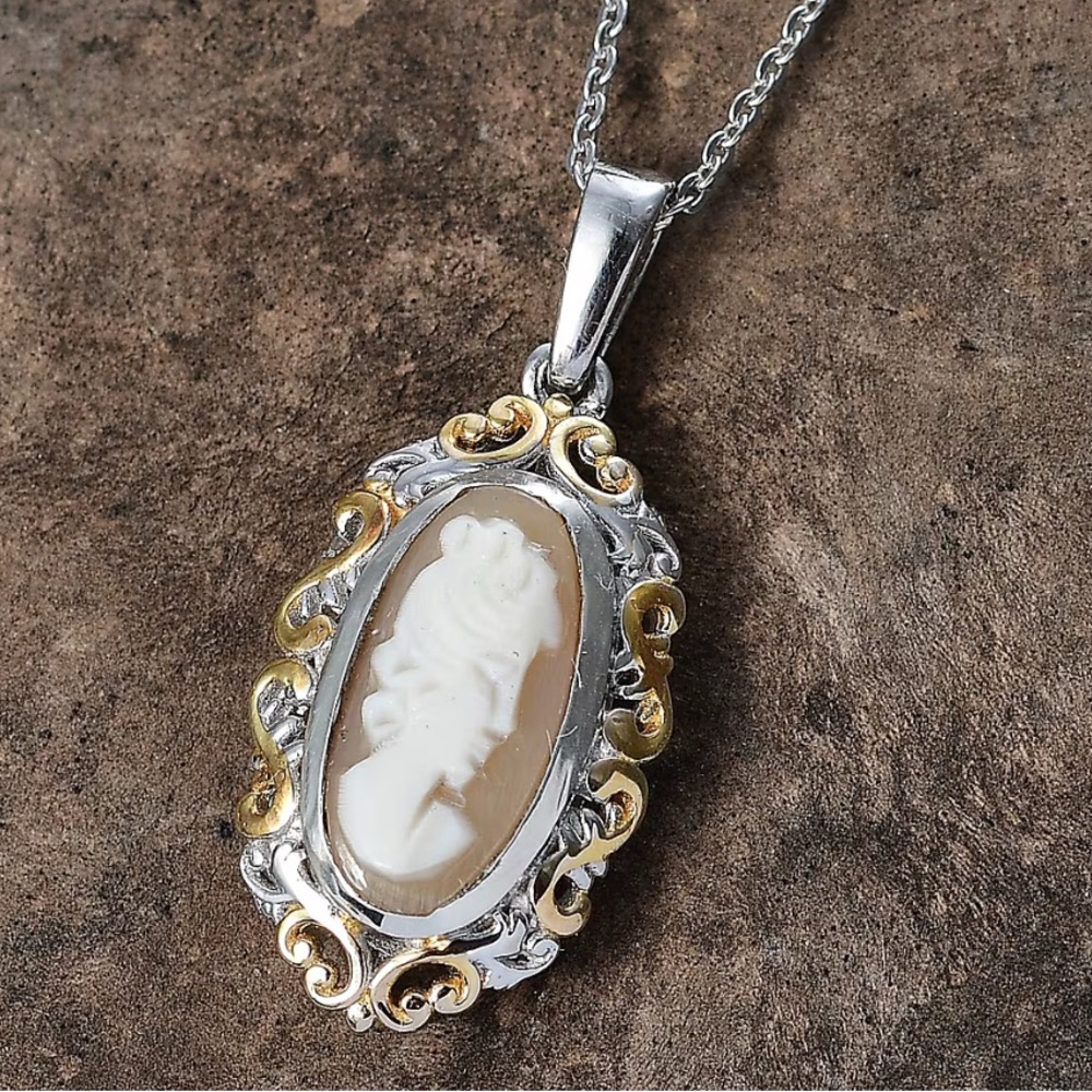 NWOT Natural Italian Conch Cameo Necklace in 18K Vermeil YG & Rhodium/Sterling